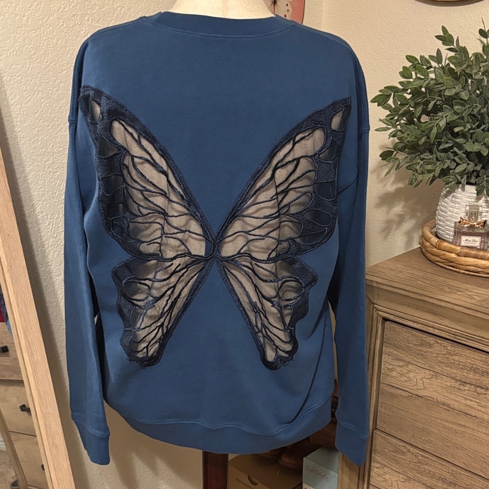 Tricia Fix Butterfly Crewneck Sweatshirt-Royal Blue-Size XL